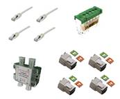 Kit com 4 cordons cat.6a + 4 embases RJ45 + bornier/terre + rep.tv