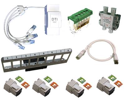 Kit com 1 dti+ cordon y + bornier/terre + rep.tv + 4 RJ45 + 1 cordon tv/RJ45 avec support