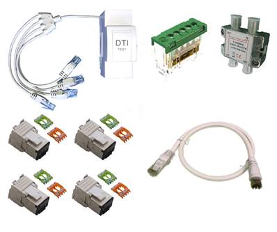 Kit com 1 dti + cordon pieuvre + bornier/terre + rep.tv + 4 embases RJ45 + 1 cordon tv/RJ45